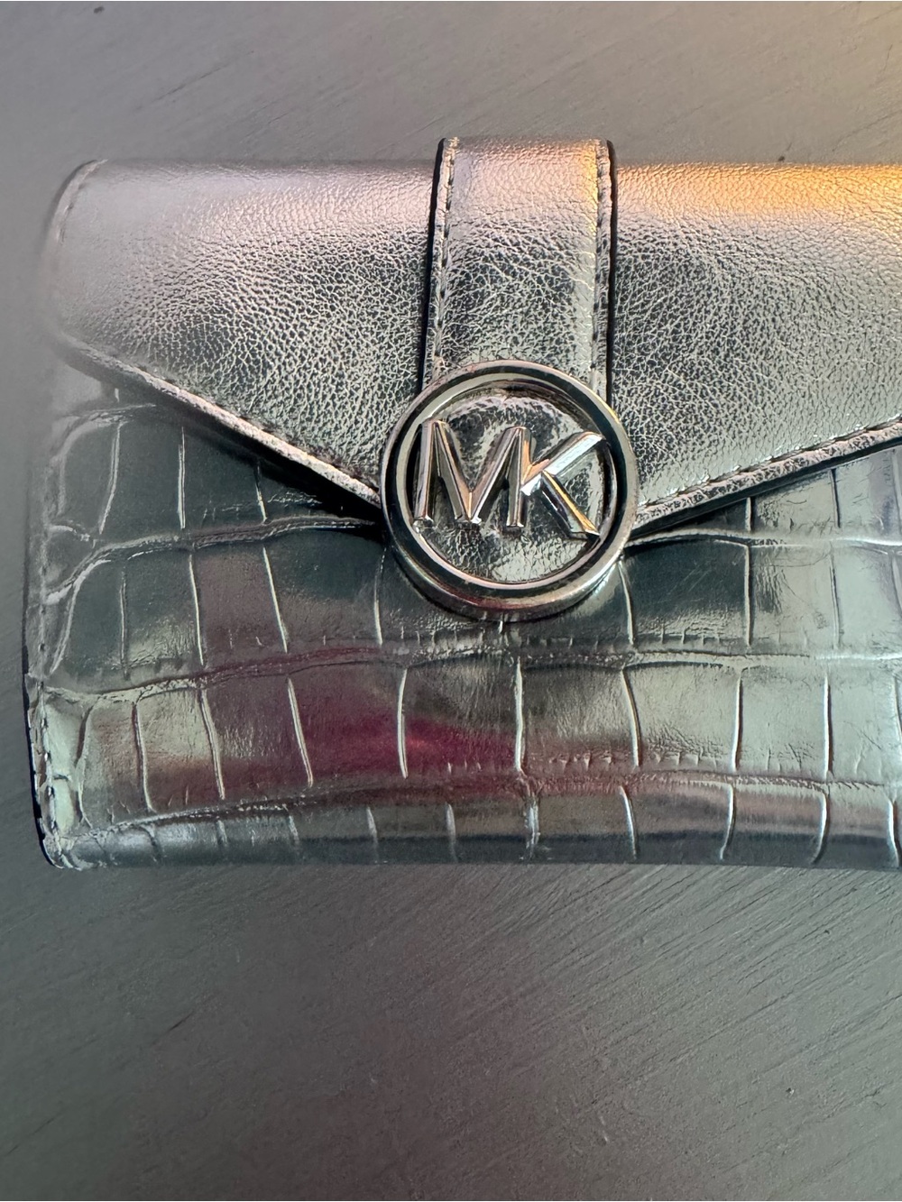 Michael Kors Metallic Silver Croc-Effect Wallet with MK Emblem